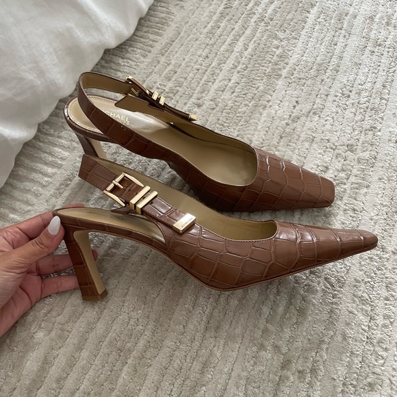Michael Kors Croc-Embossed Brown Slingback Heels - Picture 3 of 5
